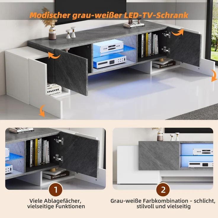 TV Lowboard 180cm weiß grau mit LED Beleuchtung App 4 Türen für 60-70 Zoll Fernseher Spanplatte – Bild 6