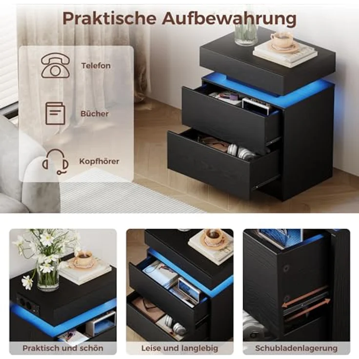 IRONCK Nachttisch Schwarz mit LED-Licht & Ladefunktion, Beistelltisch mit USB+Typ-C Anschlussen, Nachtschrank mit 2 Schubladen, Sofatisch für Schlafzimmer, Wohnzimmer, 35 x 48 x 60 cm – Bild 7
