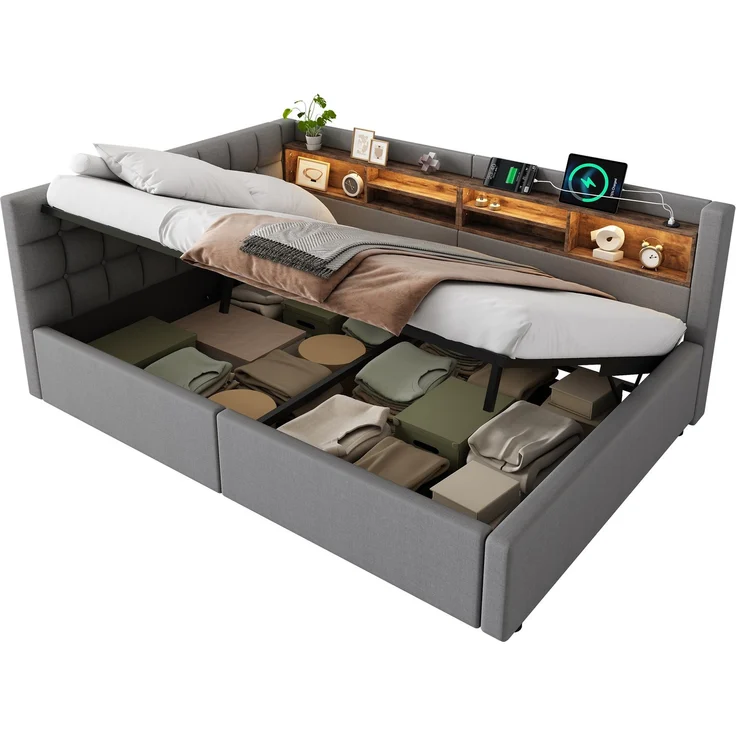 Daybett, Tagesbett, Schlafsofa,140x200 cm, Ohne Matratze, Hydraulische Lagerung, mit dimmbarer LED-Leiste, mit praktischem Regal, mit USB-Anschluss,Grau – Bild 6