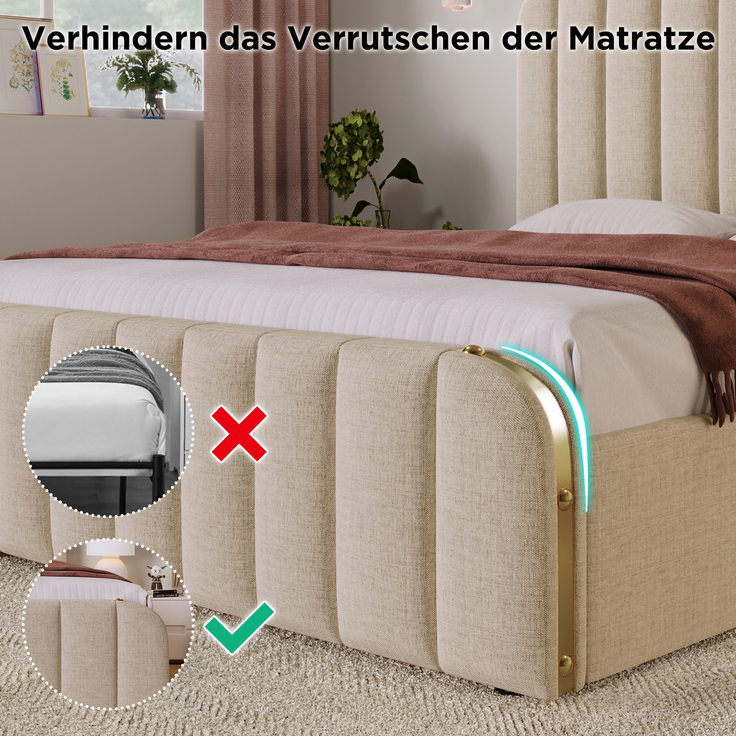 Polsterbett Leinen mit USB-Anschluss & 4 Schubladen, 90x200 cm, 215x98x102 cm, Beige, ohne Matratze – Bild 5
