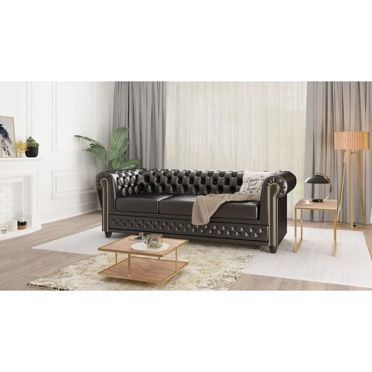 S-Style Möbel Chesterfield-Sofa Jeff, 3-Sitzer mit Schlaffunktion aus veganem Leder mit Holzfüßen, 3-Sitzer mit Schlaffunktion, mit Wellenfederung – Bild 1