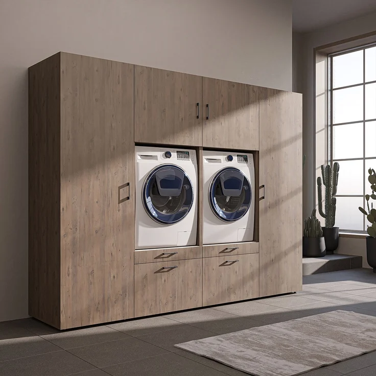Roomart Waschmaschinenschrank SERIE-III Schrankwand 254 cm – 2 Geräte, Soft-Close | • Eiche – Bild 1