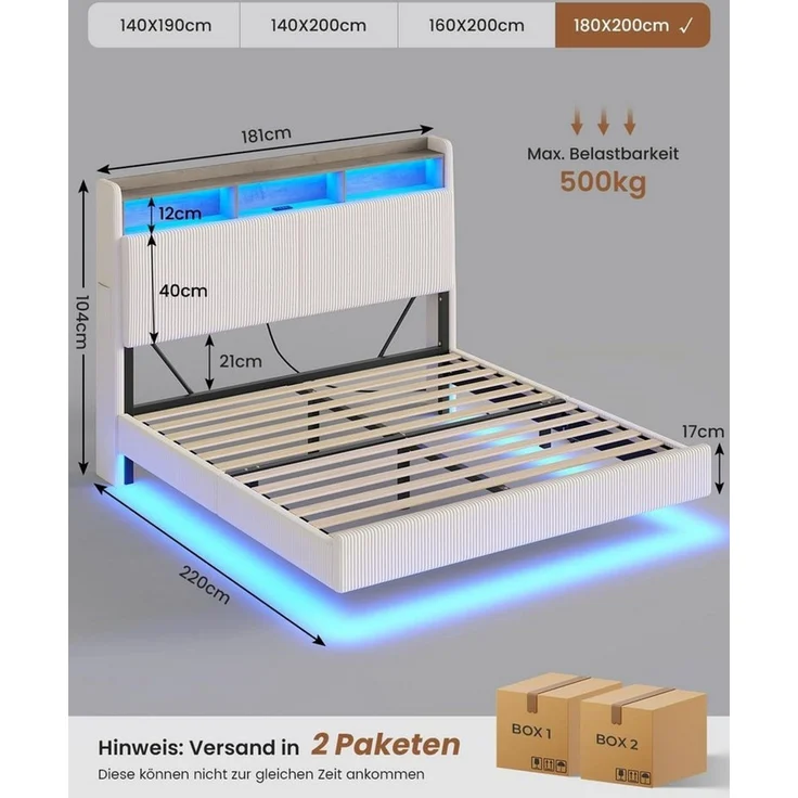 MSMASK Polsterbett Schwebebett mit 270°-LED-Beleuchtung, USB & Type-C Ladestation (Ohne Matratze), Doppelbett mit Stauraum-Kopfteil 180x200 cm – Bild 2