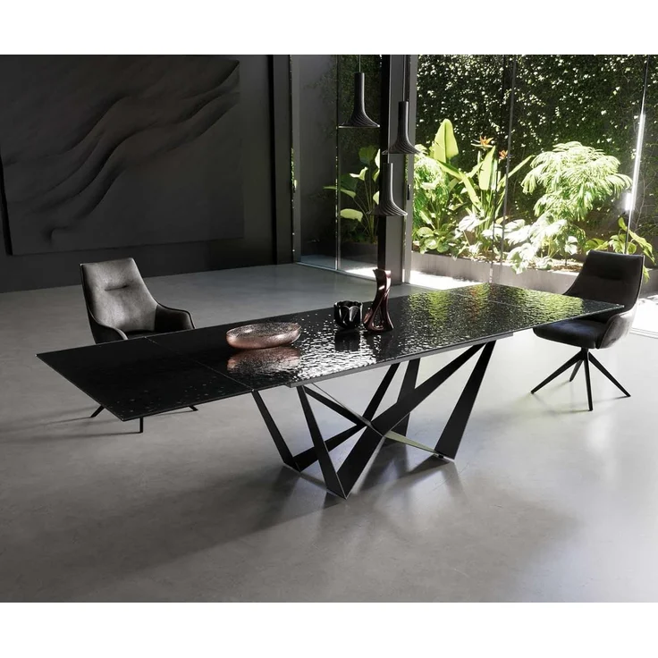 Esstisch Edge 200-300x100 Reliefglas Rauchschwarz 3D-Design Spider Flachstahl Schwarz ausziehbar – Bild 2