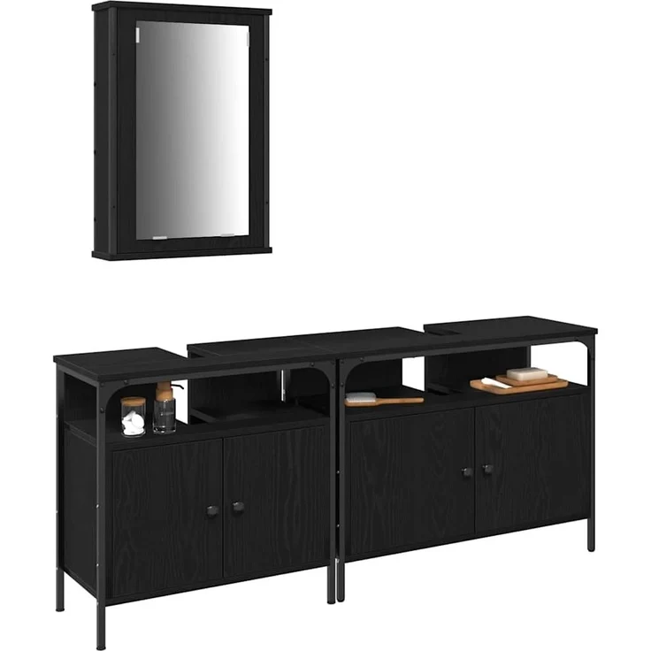 vidaXL Badezimmer Waschbeckenmöbel mit Tür 3 pcs Schwarz Holzwerkstoff 3334393 – Bild 2