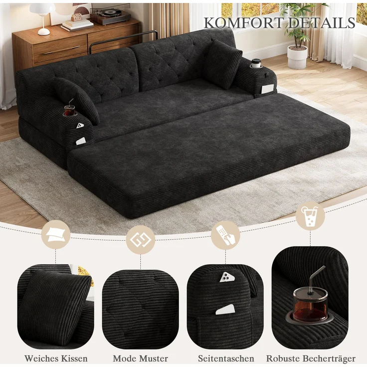 ZUBALIYA Schlafsofa 80x81 cm, mit Stauraum, mit Samtbezug, mit Cordbezug, mit Knopfheftung, mit breiten Armlehnen, Schwarz – Bild 5