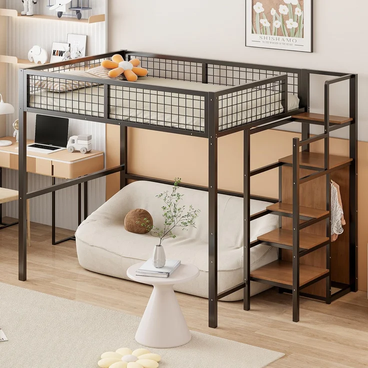 FAVSH Hochbett 140x200 cm mit Schrank und Stauraum, Metallbett mit Treppe, Ablageflächen und integriertem Regal, Etagenbett für Kinder, Jugendliche und Erwachsene, Schwarz