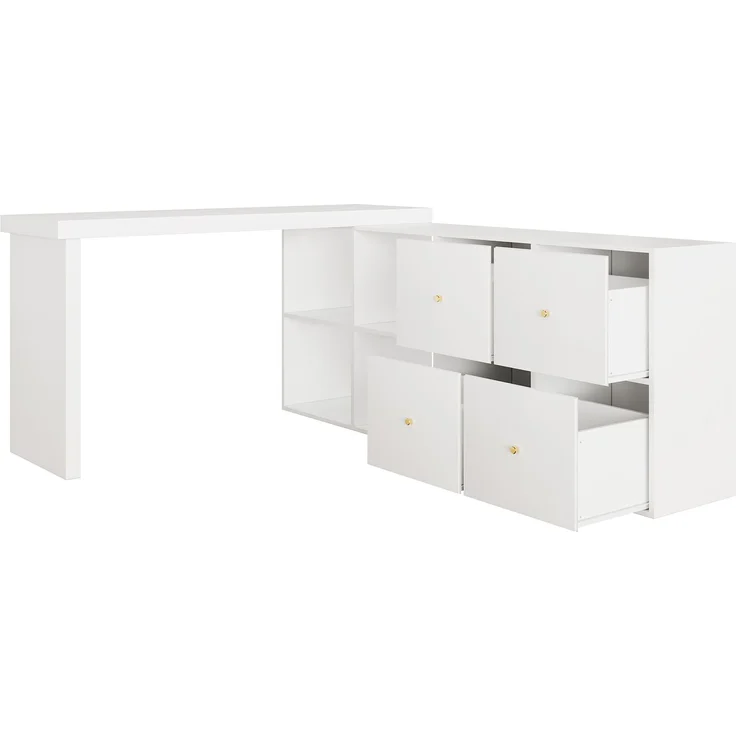 Flieks rechter Ecke 360° Drehschreibtisch, L Eckschreibtisch mit Sideboard, 4 Fächern & 4 Schubladen, 120×48×78 cm + 140×35×73.5 cm, Weiß – Bild 8