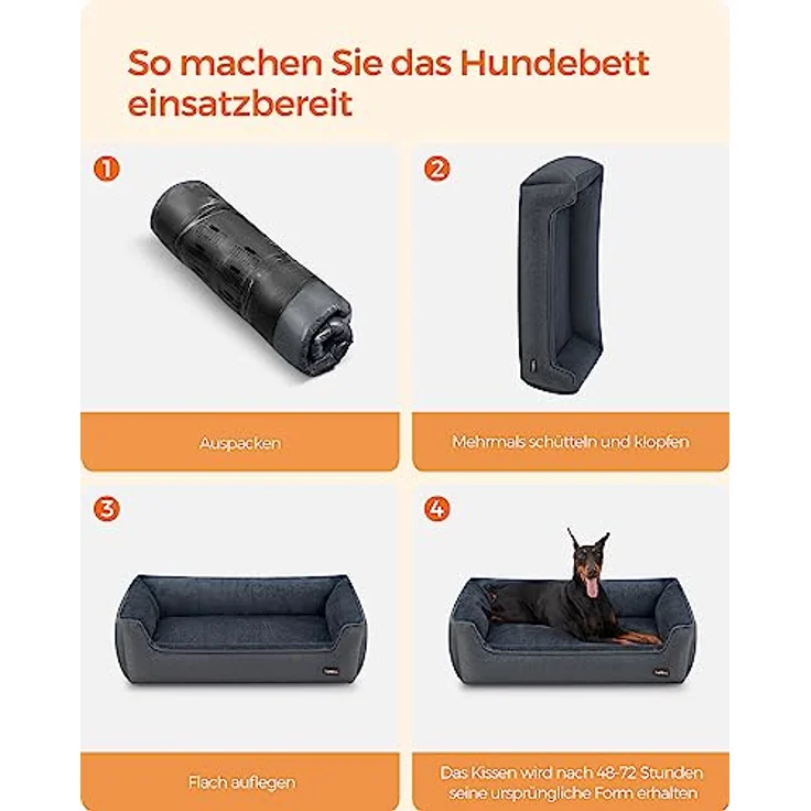 Feandrea Hundebett, Hundekissen in Leinenoptik, Hundekorb, erhöhte Ränder, rutschfeste Unterseite, Bezug abnehmbar waschbar, XXL, für extra große Hunde, 120 x 90 x 30 cm, dunkelgrau PGW013G01 – Bild 9