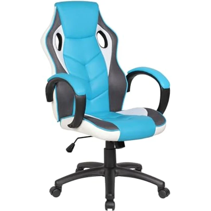 Dmora Sedia Con ruote Caloundra, Poltrona da Gaming Adulto, Sedia da scrivania, 66x61h104/114 cm, Azzurro e Bianco – Bild 3