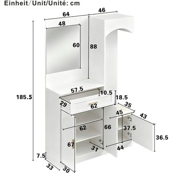 Merax Garderoben-Set mit Spiegel, Eingangsschrank mit verstellbaren Einlegeböden, (Moderne Garderobenschrank- & Schuhschrank-Kombination, 1-St, Eingangsschrank 110×185,5×33 cm), Kompaktgarderobe mit 1 Schublade, 3 Türen & Stauraum – Bild 4