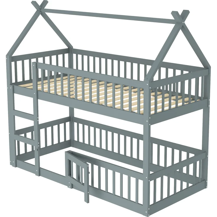Hochbett Mit Spielebene Grau 90x200 Holz Metall Sicherheitsgeländer Treppe 120kg Tragkraft Kinderzimmer Spielbett Schlafbereich Multifunktional – Bild 8
