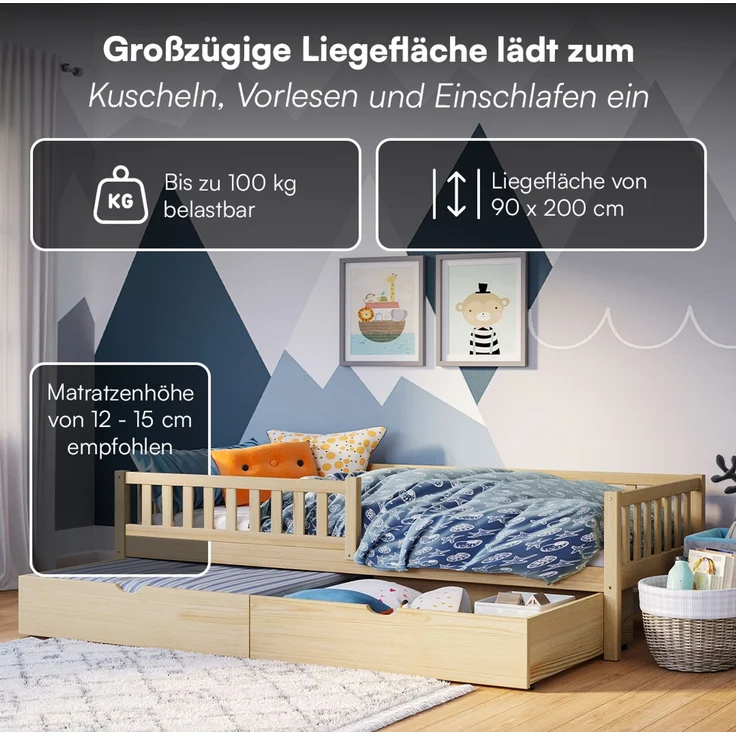 Bellabino 'Vils' Kinderbett 90x200 cm mit Matratze und großer Schublade, natur, Kiefer Massivholz, Montessori Bett mit Stauraum, mit abnehmbarem Rausfallschutz und Lattenrost – Bild 4
