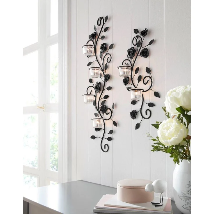 Home affaire Wandkerzenhalter Blumenranke, schwarz (2er-Set), Landhaus, Metall, Glas, schwarz antik – Bild 5