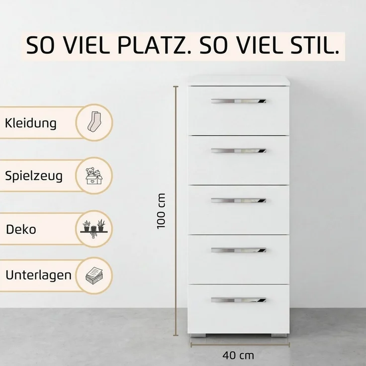 rauch Schubkastenkommode Highboard Sideboard Kommode MONTCLAR Frontauswahl Dekor/Hochglanz/Glas (in 2 Breiten: 40 oder 80 cm / Höhe 100 cm, inkl. Soft-Close-Funktion), mit 5 geräumigen Schubladen, viele Griffvarianten MADE IN GERMANY – Bild 3