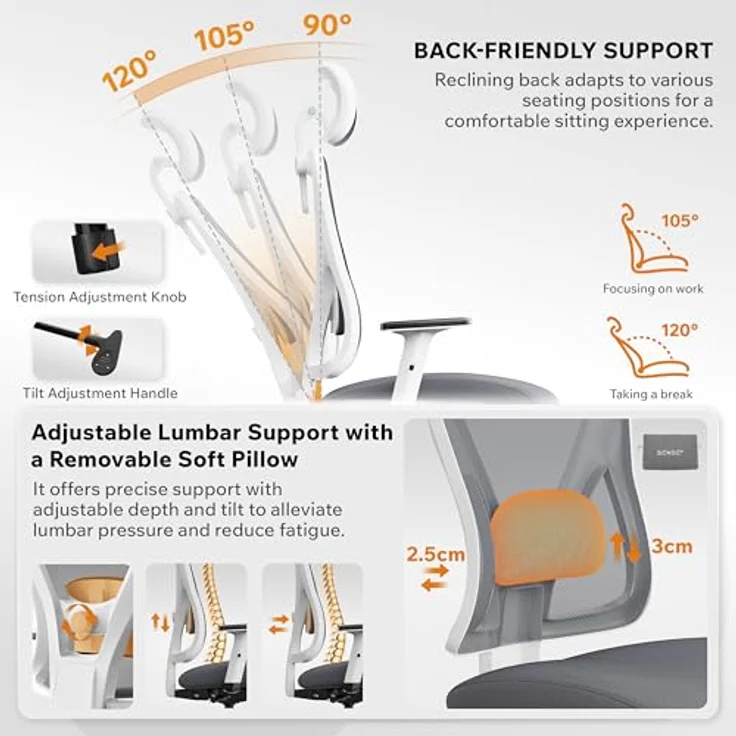 SENSE7 Bürostuhl Ergonomisch - FlowTech™ Schreibtischstuhl mit Verstellbarer Lordosenstütze & Kopfstütze für Arbeitstage - Atmungsaktives Mesh Ergonomischer Bürostuhl bis 150kg – Tone Weiß-Grau – Bild 5