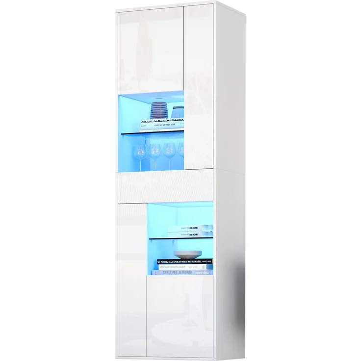Merax 170cm Verkaufsvitrine, Hochschrank mit 1 Schublade und 4 Schränken, Glasvitrine Vitrinenschränke mit led beleuchtung, Vitrinen Mit Hochglanz-Design, Weiß – Bild 10