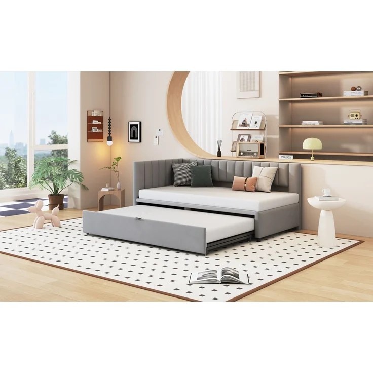 Merax Multifunktionales L-förmiges Schlafsofa mit Ausziehbett 90/180*200cm, Polsterbett in Samtstoff, platzsparendes Design für Kinderbett, Gästebett, hellgrau – Bild 6