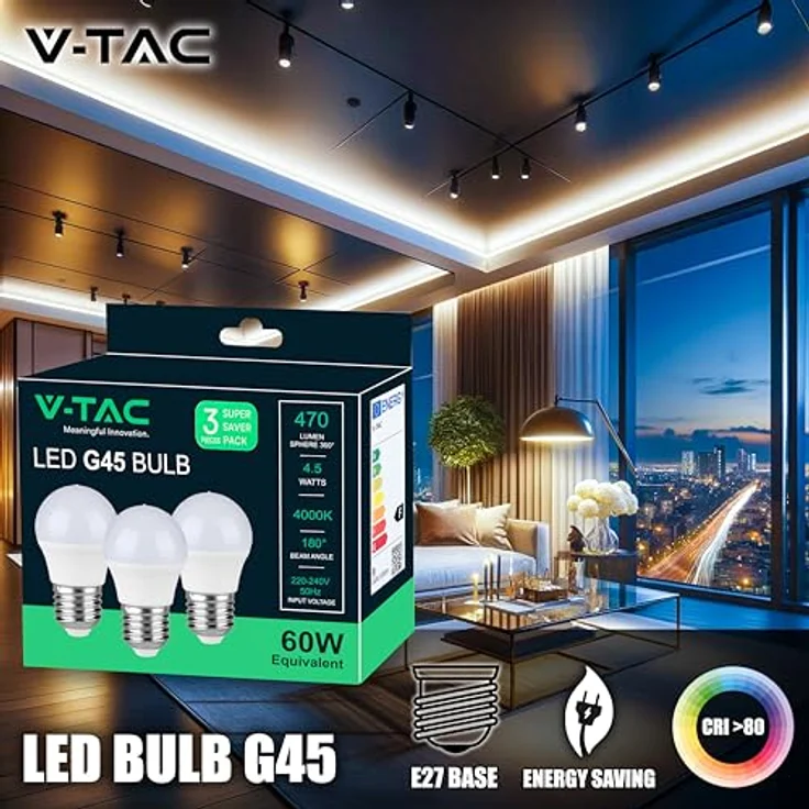 V-TAC 3x LED Glühbirne E27 G45-4,5W (entspricht 40W) - 3er Pack - 470 Lumen - LED Glühlampen - Energiesparlampe - Licht 4000K Neutralweiß – Bild 3