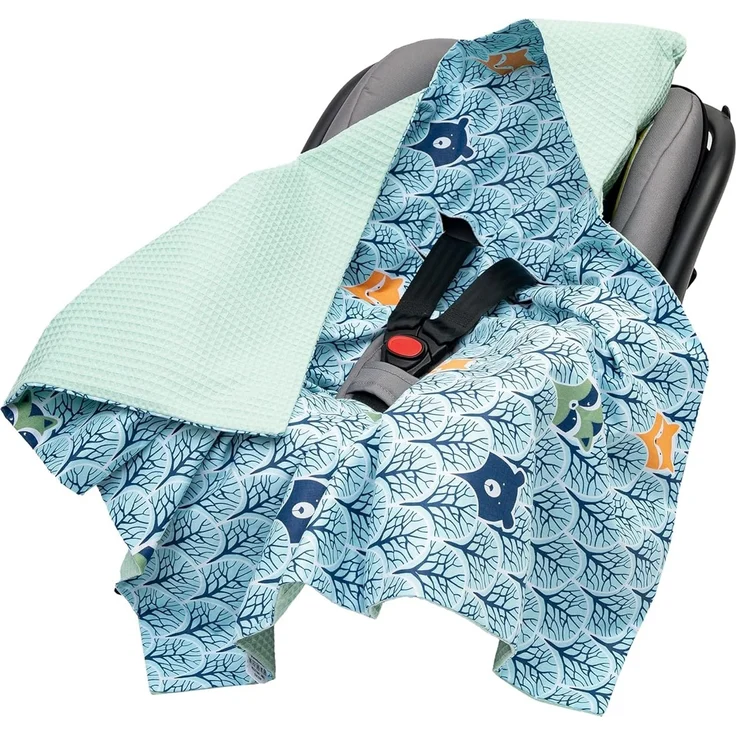 Medi Partners Einschlagdecke Baby Babyschale 100% Baumwolle für Sommer 85x85 cm Kinderwagen Kuscheldecke universal Baby Decke Einschlagdecken Babydecke Buggy Autositz (Wald mit Minzer Waffel)