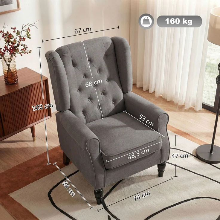 Wohnora-Ohrensessel im Vintage-Design, Lesesessel, Akzentsessel, Holzbeine, Knopfheftung, Grau + Schwarz,H 102cm x T 74cm x B 86cm,Dunkelgrau – Bild 5