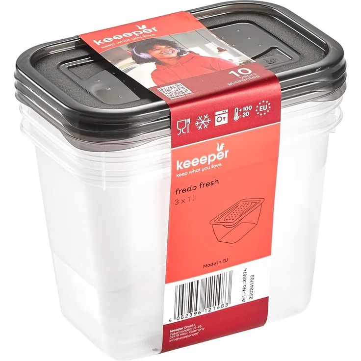 keeeper fredo fresh Frischhaltedosenset 3-teilig, 3x1 l, Crystal Grey (Transparent)