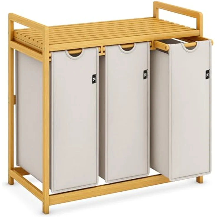 AdelDream Wäschekorb Wäschekörbe mit Bambusrahmen, 150 l, 3 Fächer – Bild 2