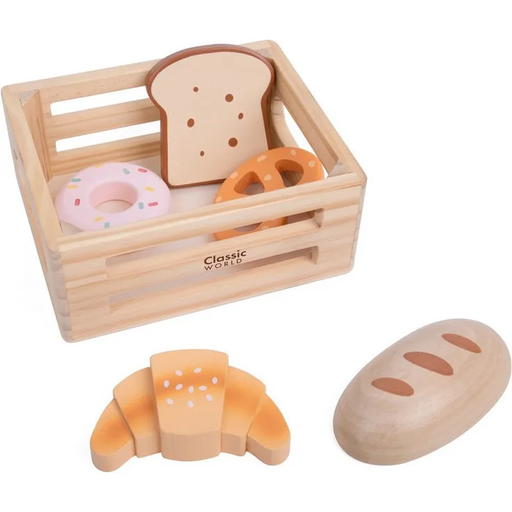 Classic World Spiellebensmittel Brotkiste, 6-teiliges Holz-Backwaren-Set mit Donut, Croissant, Brezel, Toast und Baguette, für Kinder ab 18 Monaten, 14,6x12x6cm