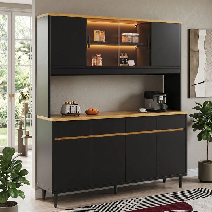 Buffetschränke, Esszimmer-Hochschrank 160*40*185 cm, mehrstufigem Stauraum, integrierter Steckdose sowie USB-C- und USB-A-Anschlüssen,Mit farbigem Lichtstreifen, Schwarz + Eiche – Bild 2