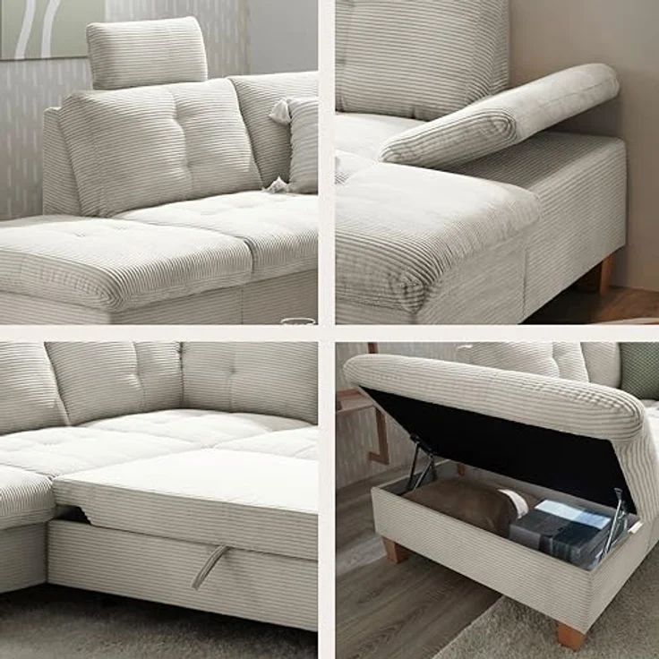 Wohnlandschaft Ascot mit Cord-Bezug und Schlaffunktion in Creme, U-Form inkl. Kopfstützen, Bettkasten und Verstellbarer Armlehne - 324 x 107 x 218 cm (B/H/T) – Bild 8