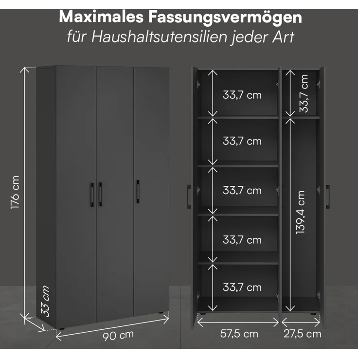 Bellamio 'Apol' Mehrzweckschrank, schwarz, 176x33x90 cm, Putzschrank mit 3 Türen und 5 Regalen, Besenschrank mit Staubsaugerfach – Bild 6