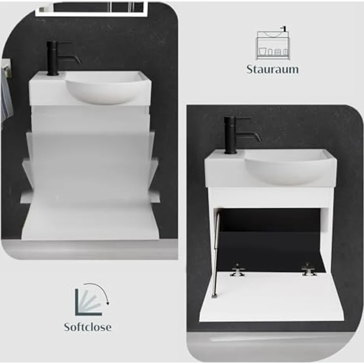 Alpenberger Badmöbel-Set - Gäste WC Waschbecken mit Unterschrank 45 cm Breit, (Badschrank 2-tlg, Waschtisch hängend), Waschbeckenunterschrank mit Softclose - Weiß - Rechts Becken – Bild 5