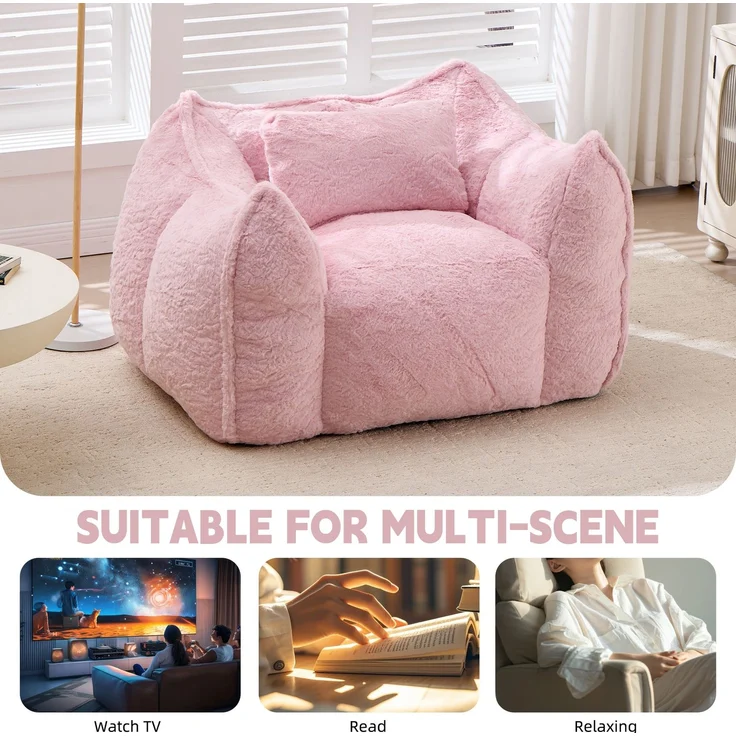 Riesiger Sitzsack mit Kissen, bequeme große Sitzsäcke für Erwachsene und Kinder, Kunstfell-Bodensofa für Wohnzimmer, Schlafzimmer und Wohnung, Rosa--Rosa--123x97x73cm--YOUDENOVA – Bild 7