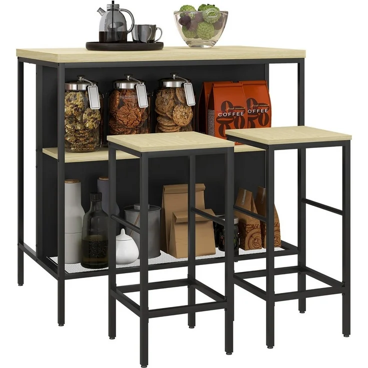 HOMCOM Bargruppe Küchentisch mit 2 Barhocker, Essgruppe im Modern-Stil, (Küchentisch, 3-tlg, Bartisch), für Essenzimmer, Schwarz – Bild 5
