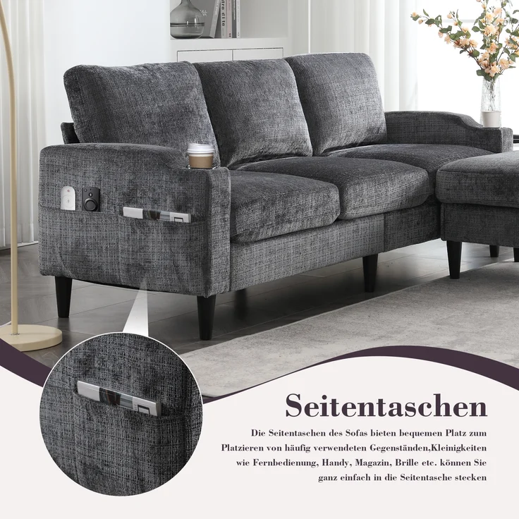 LVHOM Loungesofa mit Hocker & Stauraum, 4-Sitzer, Armlehnen, Getränkehalter, Seitentaschen, weiche Chenille-Stoff, modulare Sofa, Grau – Bild 9