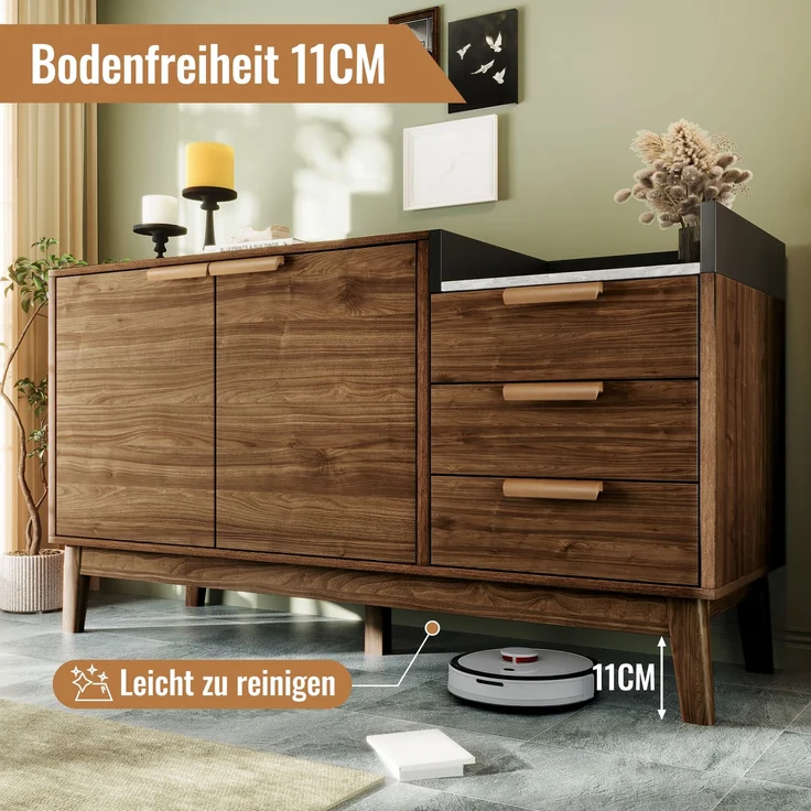 Merax Wohnzimmer Kommode mit Marmor-Optik Platte - Offene Ablage + 3 Schubladen & Doppeltürschrank (innen höhenverstellbar) - Massivholzbeine & kehrroboterfähig, H77/B120/T40 cm – Bild 5