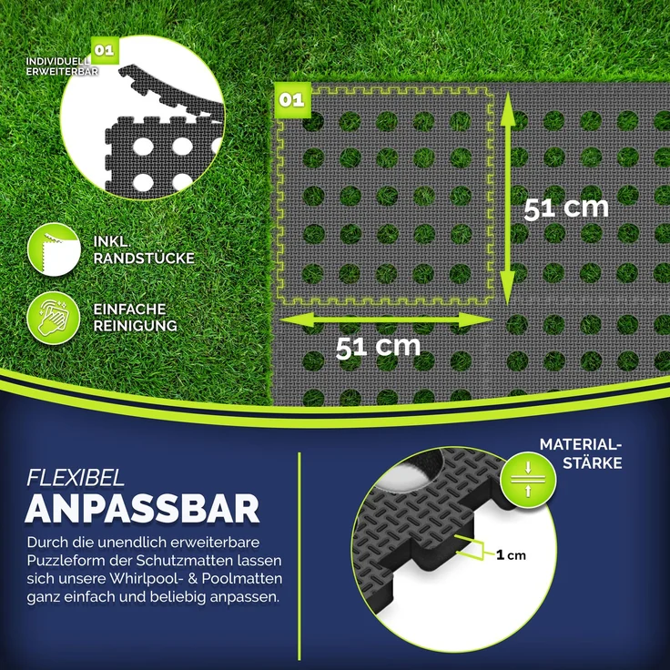 tillvex® Pool Bodenschutzmatte mit Löchern 24 Stück Blau | Unterlegmatte für Pool & Planschbecken 51x51 cm | Poolmatte Bodenmatte Outdoor | Poolunterlage Bodenschutz Matten wärmeisolierend | Whirlpool Bodenfolie weich – Bild 2