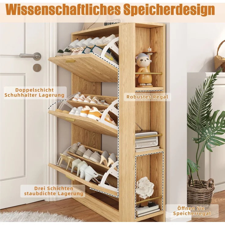Schuhschrank, MDF in Holzoptik mit 3 Türen & offenen Fächern, 70x23,5x115 cm, Natur – Bild 5