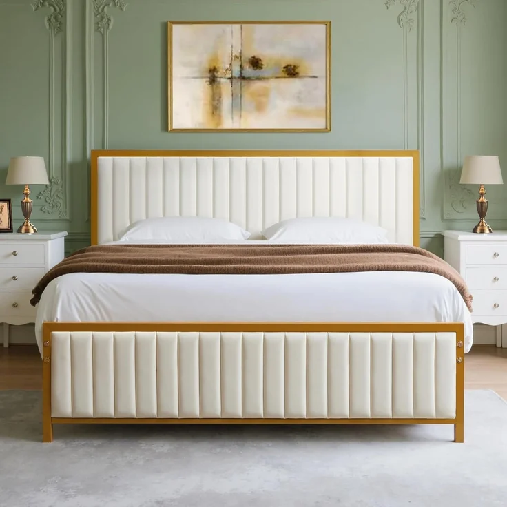 VECELO Bettgestell 140x200 cm, Metallbett Doppelbett mit Gepolstertem Kopf- und Fußteil, Bettrahmen mit Lattenrost, 32cm Höhe unter dem Bett, Kein Boxspring Erforderlich, Beige
