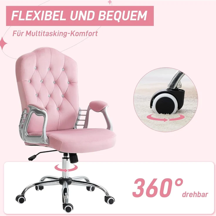 Vinsetto Bürostuhl Drehstuhl, Schreibtischstuhl mit Schwenkrädern (Chefsessel, 1 St), für Wohnzimmer, Büro, Rosa – Bild 6