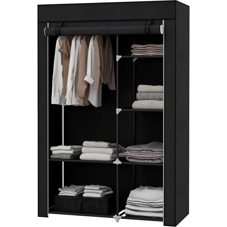 MODFU Stoffschrank Stoffkleiderschrank Schwarz, 103x43x162,5 cm, 6 Fächer, Vliesoptik (Packung, 1-St, Faltbare Faltgarderobe für Kleidung & Accessoires) Platzsparender Garderobenschrank für Schlafzimmer, WG & Camping