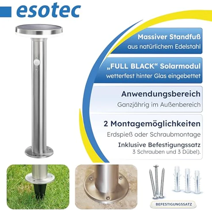 Esotec Solar Gartenbeleuchtung Aussenlampe LENA, Edelstahl, mit Bewegungsmelder, 3 Modi, 40 LEDs, 4000K neutralweiß, H44,5cm, Erdspieß & Schraubsockel – Bild 5