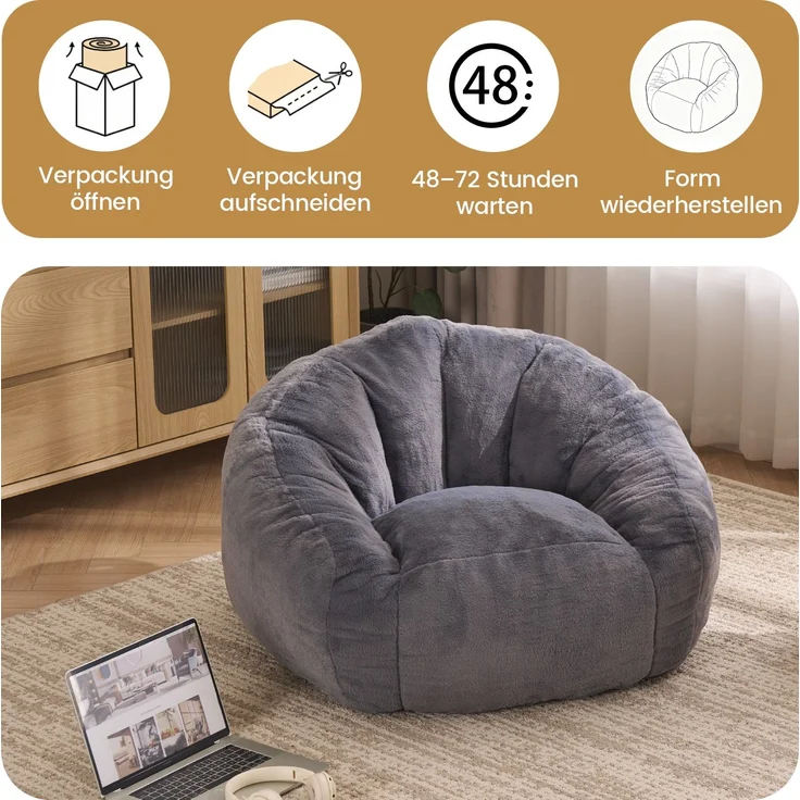 Sitzsack, ein Sitzsack für Erwachsene und Kinder, ein superweicher, bequemer und flauschiger Sitzsack für den Boden, ideal zum Spielen, Lesen und Entspannen - Mittel(Hellgrau)--Herde--98x98x60cm--YOUDENOVA – Bild 2