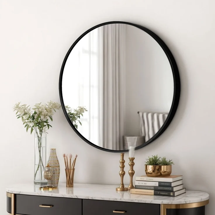 Home Nature Wohnkonzept, Rund, Wandspiegel, Hochauflösender Schminkspiegel für Badezimmer & Schlafzimmer, Aluminium, Schwarz, 40 cm – Bild 6