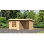 Gartenhaus Bastrup 5 - 480x297 cm mit Anbaudach 2,00 m mit Seiten- und Rückwand, 28 mm Holz naturbelassen, Karibu
