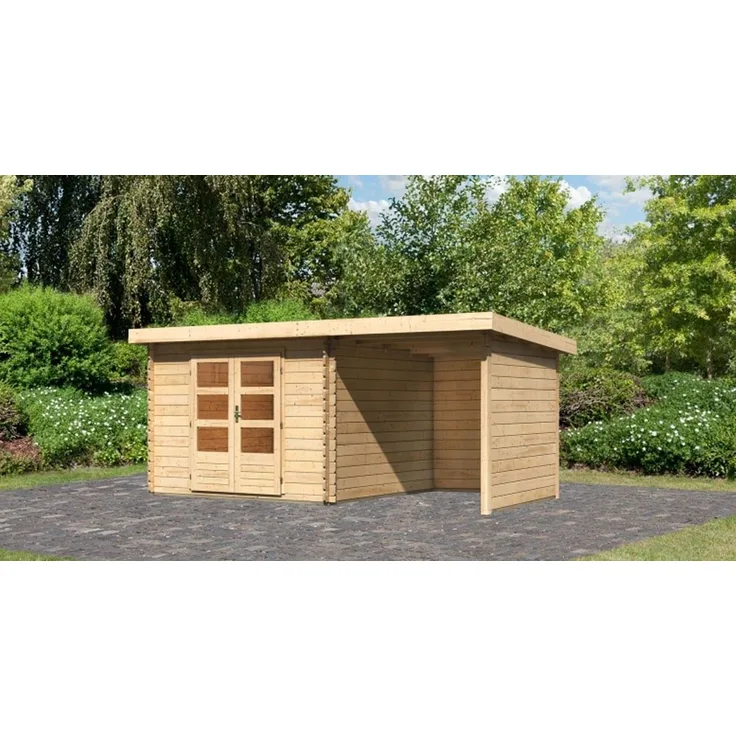 Gartenhaus Bastrup 5 - 480x297 cm mit Anbaudach 2,00 m mit Seiten- und Rückwand, 28 mm Holz naturbelassen, Karibu