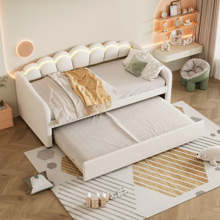 Tagesbett, Samt mit Ausziehbett & LED-Beleuchtung, 90x200 cm, Beige, ohne Matratze – Bild 4