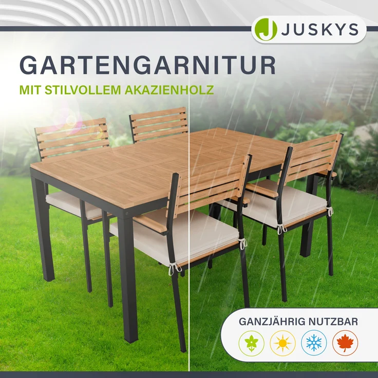 Juskys 'Rhodos' Gartengarnitur - Tisch, 4 Stühle & Auflagen, Akazienholz Natur & Schwarz – Bild 2