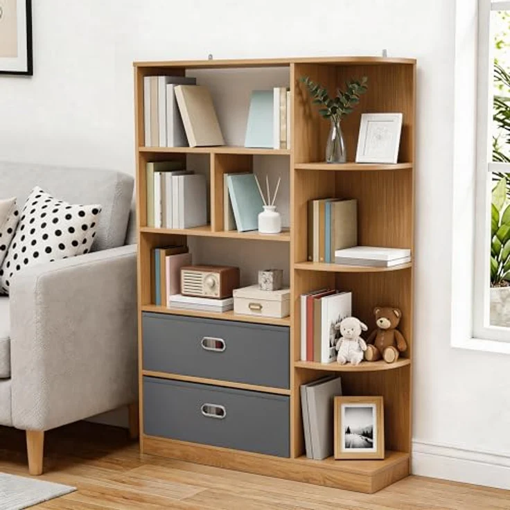 YITAHOME Freistehend Freistehendes Bücherregal mit 8 offenen Regalböden und 2 Schubladen (Stoffbezug) für Wohnzimmer, Schlafzimmer, Büro, Eichenfarbe, 80 × 24 × 115 cm (B × T × H) – Bild 2