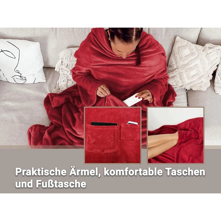 ZOLLNER Kuscheldecke mit Ärmeln, 170x200 cm, rot (weinrot) – Bild 4